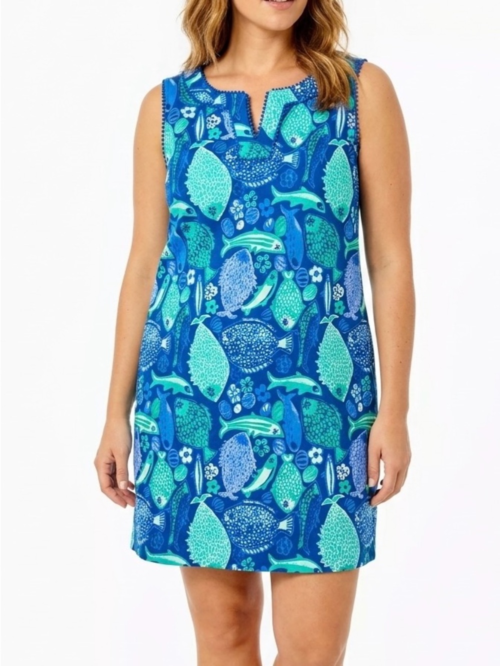 Talbots Fish Print Pom-Pom Shift Dress 18 Coastal Preppy